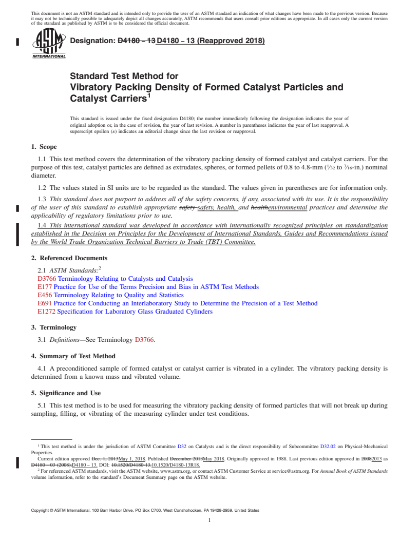 REDLINE ASTM D4180-13(2018) - Standard Test Method for  Vibratory Packing Density of Formed Catalyst Particles and  Catalyst Carriers