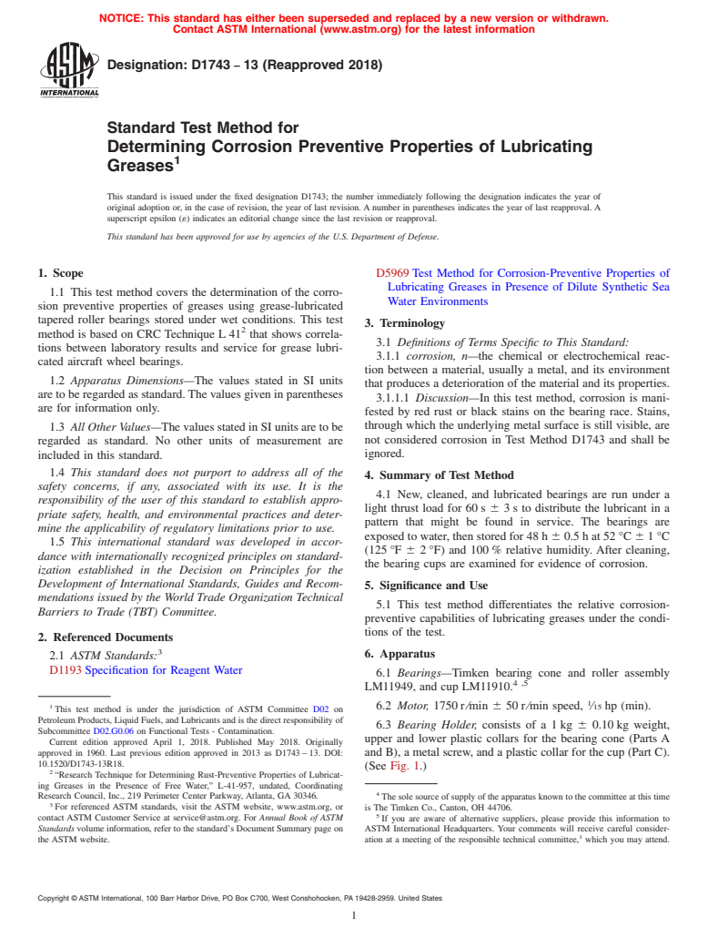 ASTM D1743-13(2018) - Standard Test Method for  Determining Corrosion Preventive Properties of Lubricating   Greases