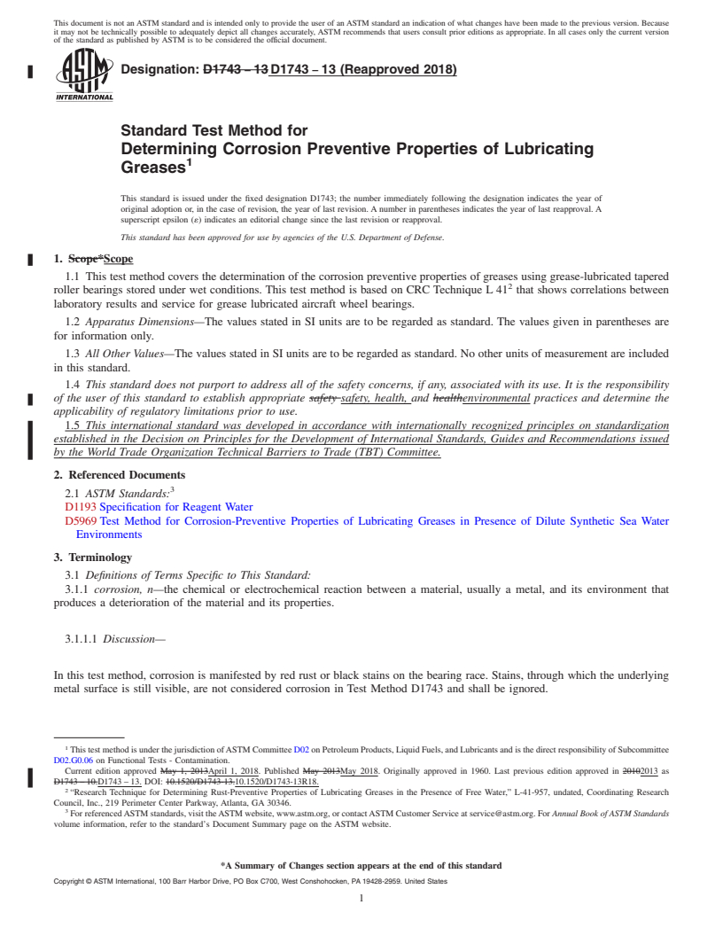 REDLINE ASTM D1743-13(2018) - Standard Test Method for  Determining Corrosion Preventive Properties of Lubricating   Greases