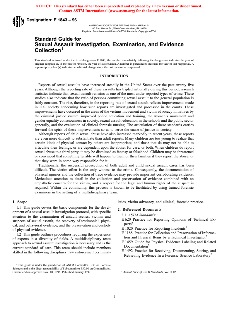 ASTM E1843-96 - Standard Guide for Sexual Assault Investigation, Examination, and Evidence Collection