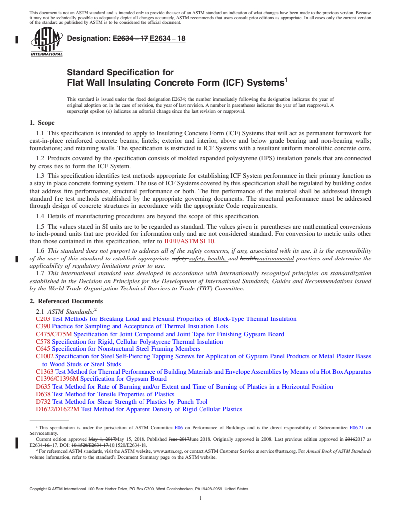 REDLINE ASTM E2634-18 - Standard Specification for Flat Wall Insulating Concrete Form (ICF) Systems