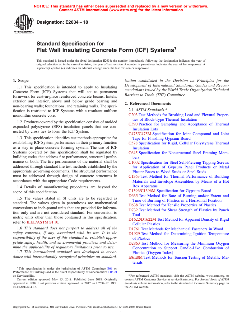 ASTM E2634-18 - Standard Specification for Flat Wall Insulating Concrete Form (ICF) Systems