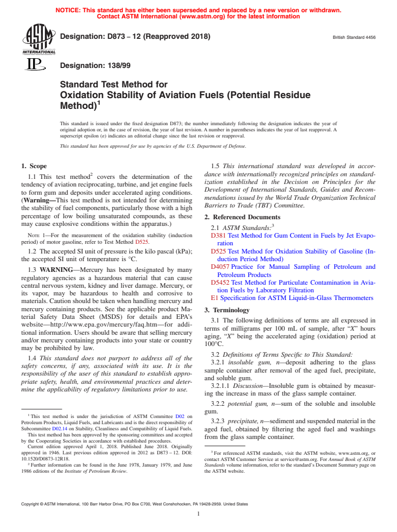 ASTM D873-12(2018) - Standard Test Method for Oxidation Stability of Aviation Fuels (Potential Residue Method)