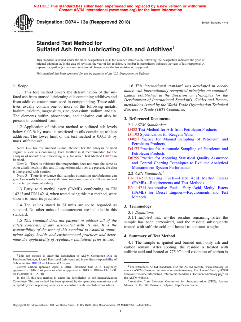 ASTM D874-13a(2018) - Standard Test Method for Sulfated Ash from Lubricating Oils and Additives