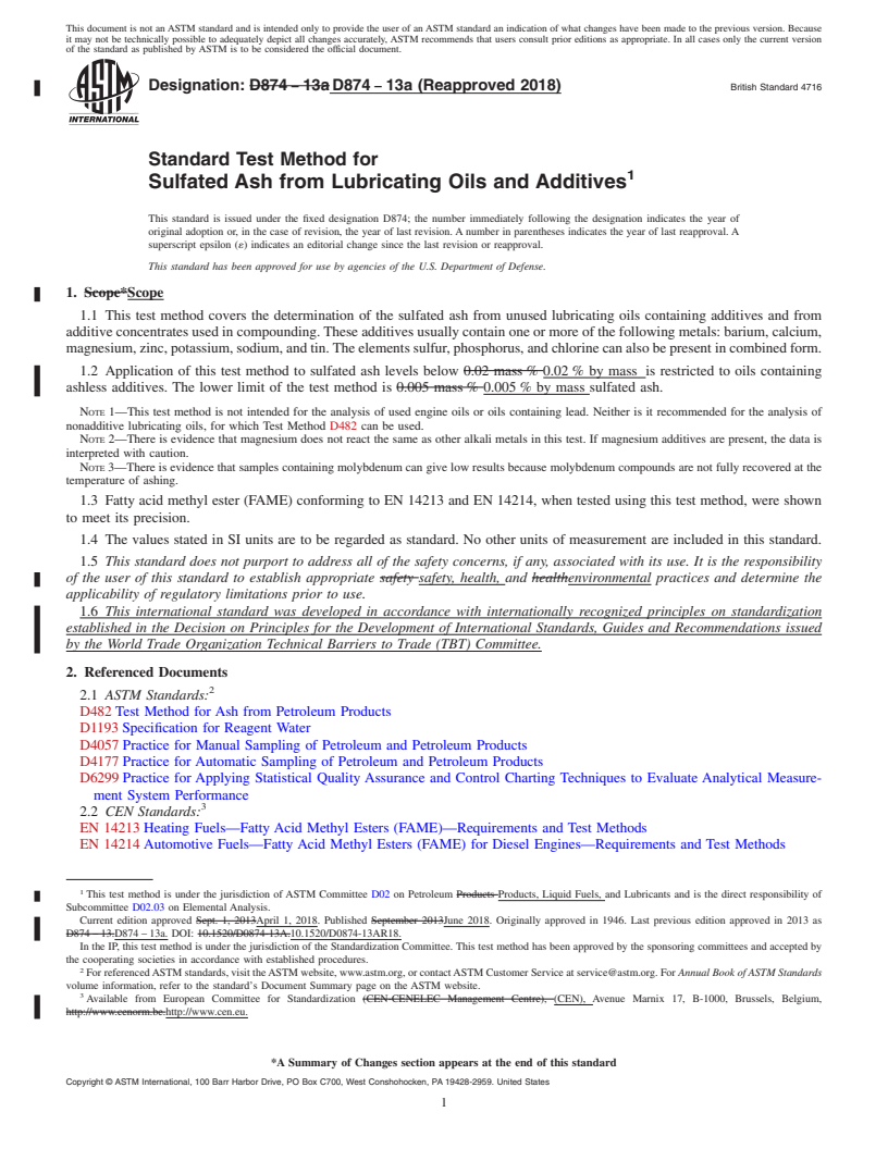 REDLINE ASTM D874-13a(2018) - Standard Test Method for Sulfated Ash from Lubricating Oils and Additives