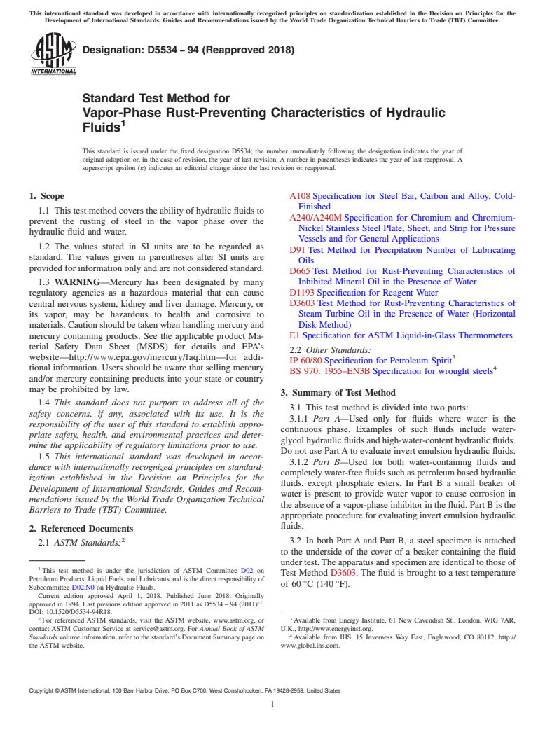 ASTM D5534-94(2018) - Standard Test Method for  Vapor-Phase Rust-Preventing Characteristics of Hydraulic Fluids