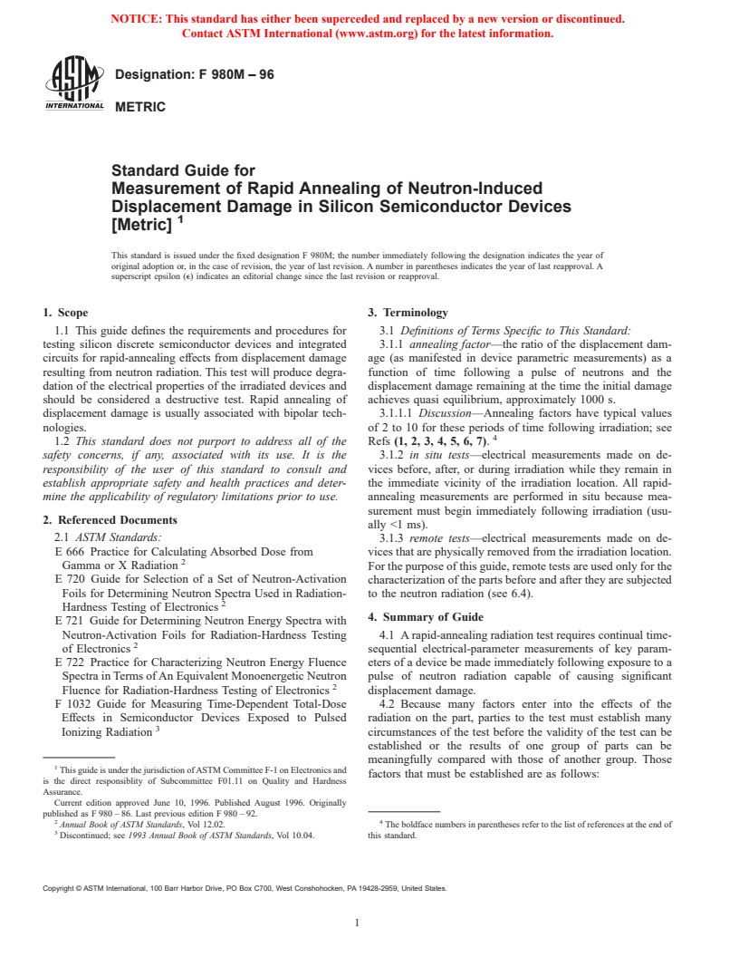 ASTM F980M-96 - Standard Guide for Measurement of Rapid Annealing of Neutron-Induced Displacement Damage in Silicon Semiconductor Devices [Metric]