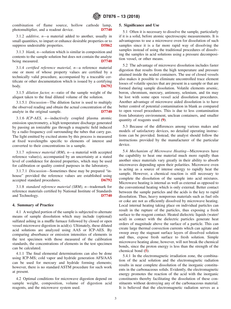 ASTM D7876-13(2018) - Standard Practice for Practice for Sample Decomposition Using Microwave Heating (With  or Without Prior Ashing) for  Atomic Spectroscopic Elemental Determination  in Petroleum Products and Lubricants