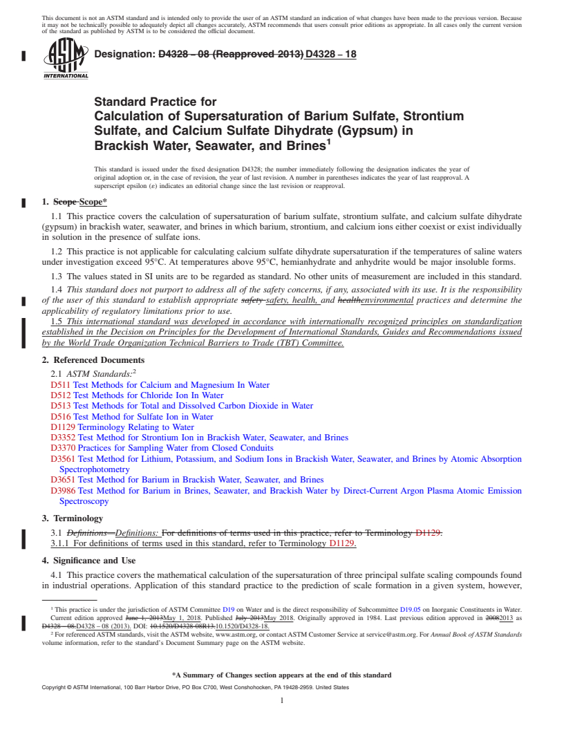 REDLINE ASTM D4328-18 - Standard Practice for  Calculation of Supersaturation of Barium Sulfate, Strontium   Sulfate, and Calcium Sulfate Dihydrate (Gypsum) in Brackish Water,   Seawater, and Brines