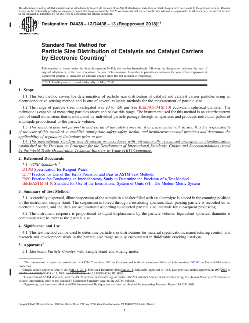 REDLINE ASTM D4438-13(2018)e1 - Standard Test Method for  Particle Size Distribution of Catalysts and Catalyst Carriers  by Electronic Counting