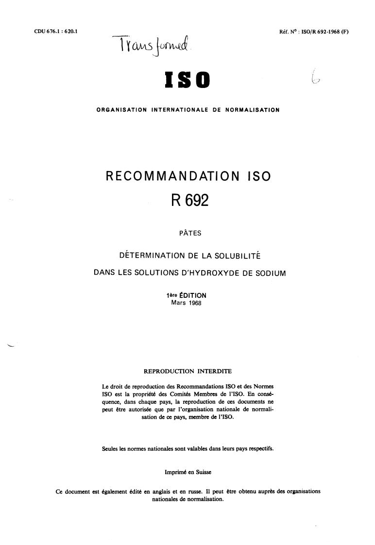 ISO/R 692:1968 - Title missing - Legacy paper document
Released:1/1/1968