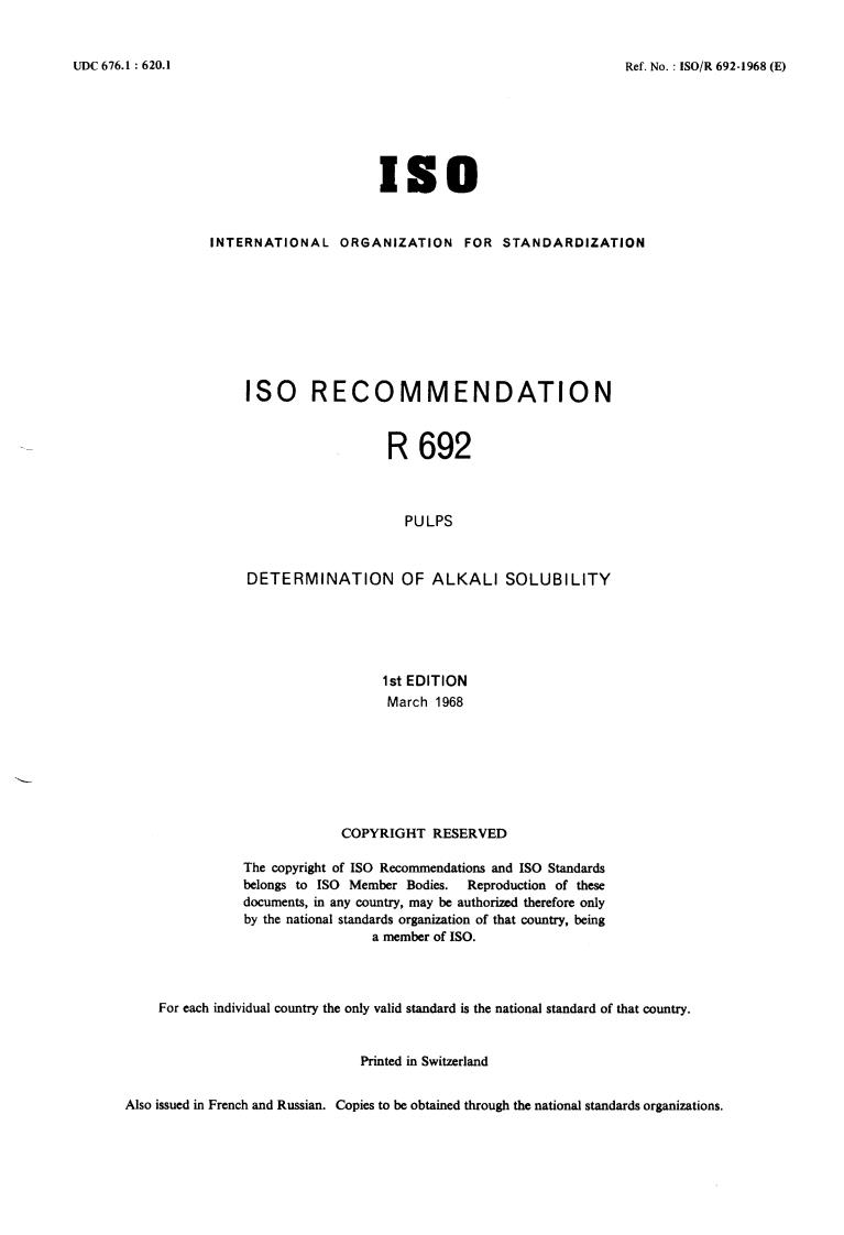 ISO/R 692:1968 - Title missing - Legacy paper document
Released:1/1/1968