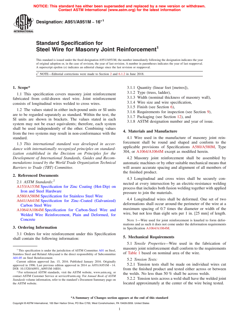 ASTM A951/A951M-16e1 - Standard Specification for  Steel Wire for Masonry Joint Reinforcement