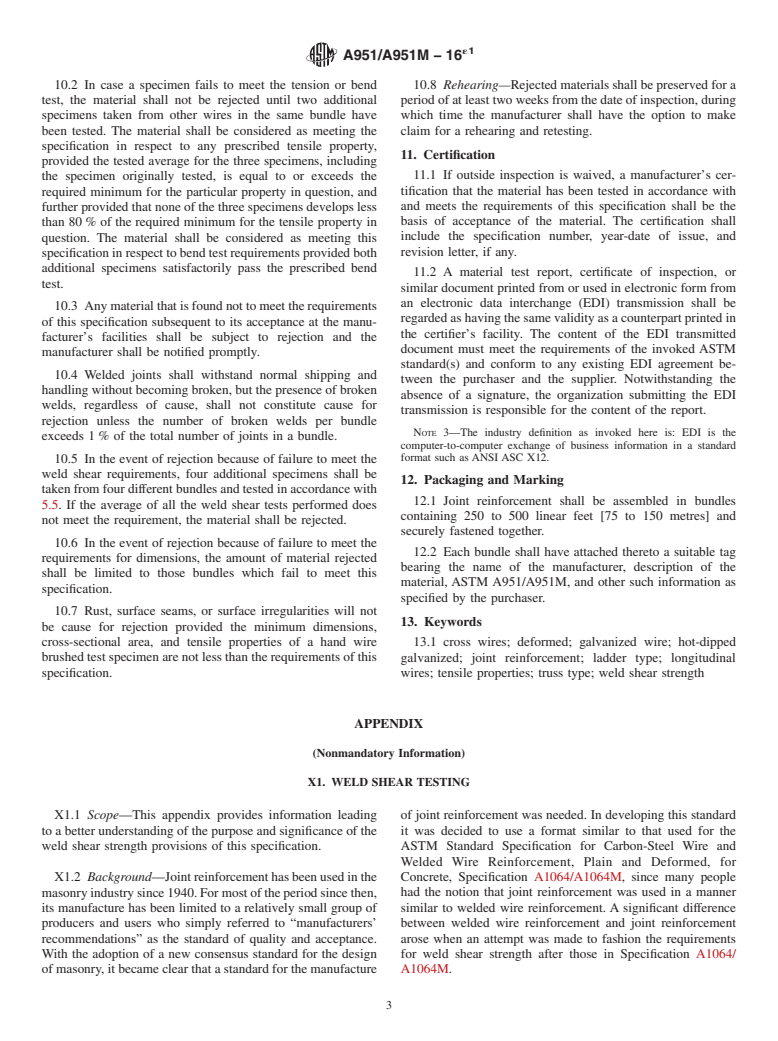 ASTM A951/A951M-16e1 - Standard Specification for  Steel Wire for Masonry Joint Reinforcement