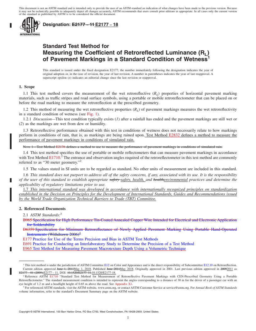 REDLINE ASTM E2177-18 - Standard Test Method for Measuring the Coefficient of Retroreflected Luminance (R<inf  >L</inf>) of Pavement Markings in a Standard Condition of Wetness