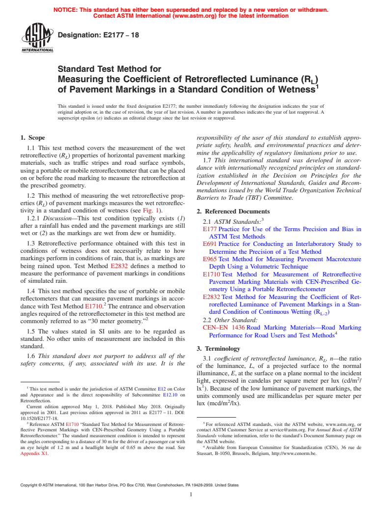 ASTM E2177-18 - Standard Test Method for Measuring the Coefficient of Retroreflected Luminance (R<inf  >L</inf>) of Pavement Markings in a Standard Condition of Wetness