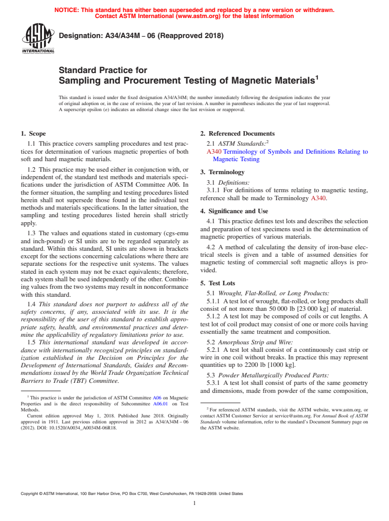 ASTM A34/A34M-06(2018) - Standard Practice for  Sampling and Procurement Testing of Magnetic Materials