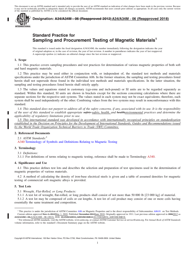 REDLINE ASTM A34/A34M-06(2018) - Standard Practice for  Sampling and Procurement Testing of Magnetic Materials