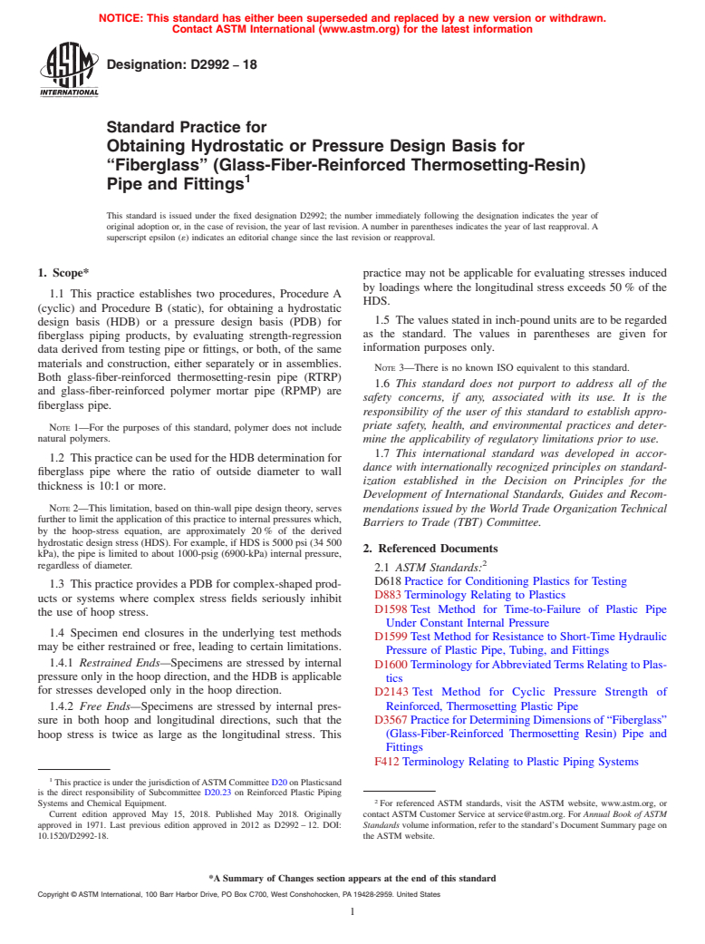 ASTM D2992-18 - Standard Practice for  Obtaining Hydrostatic or Pressure Design Basis for &#x201c;Fiberglass&#x201d;  (Glass-Fiber-Reinforced Thermosetting-Resin) Pipe and Fittings