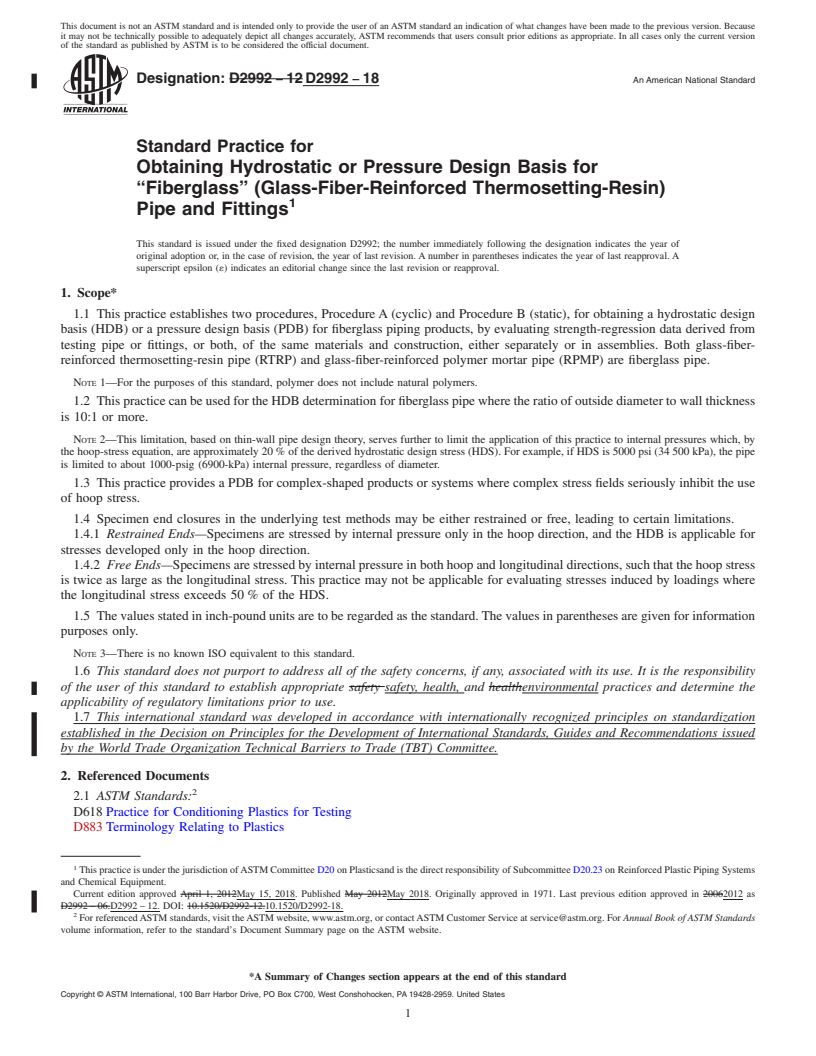 REDLINE ASTM D2992-18 - Standard Practice for  Obtaining Hydrostatic or Pressure Design Basis for &#x201c;Fiberglass&#x201d;  (Glass-Fiber-Reinforced Thermosetting-Resin) Pipe and Fittings