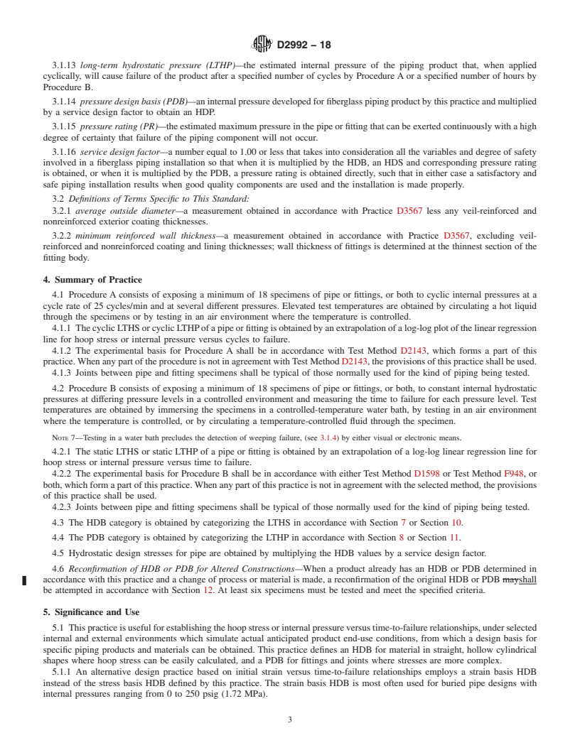 REDLINE ASTM D2992-18 - Standard Practice for  Obtaining Hydrostatic or Pressure Design Basis for &#x201c;Fiberglass&#x201d;  (Glass-Fiber-Reinforced Thermosetting-Resin) Pipe and Fittings