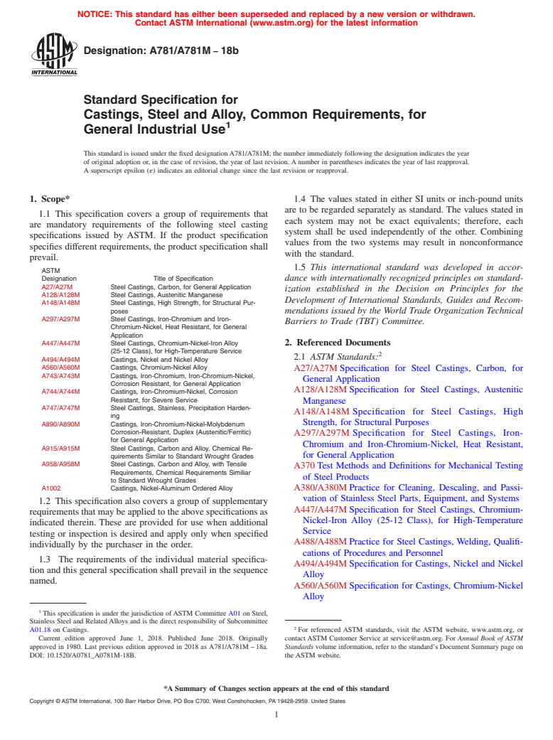 ASTM A781/A781M-18b - Standard Specification for  Castings, Steel and Alloy, Common Requirements, for General   Industrial Use