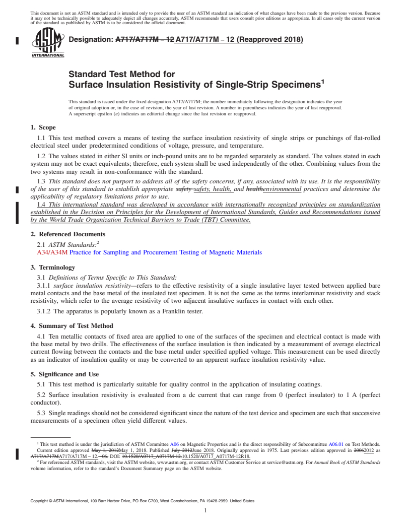 REDLINE ASTM A717/A717M-12(2018) - Standard Test Method for  Surface Insulation Resistivity of Single-Strip Specimens