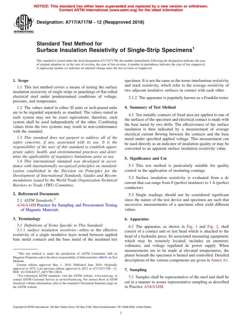 ASTM A717/A717M-12(2018) - Standard Test Method for  Surface Insulation Resistivity of Single-Strip Specimens