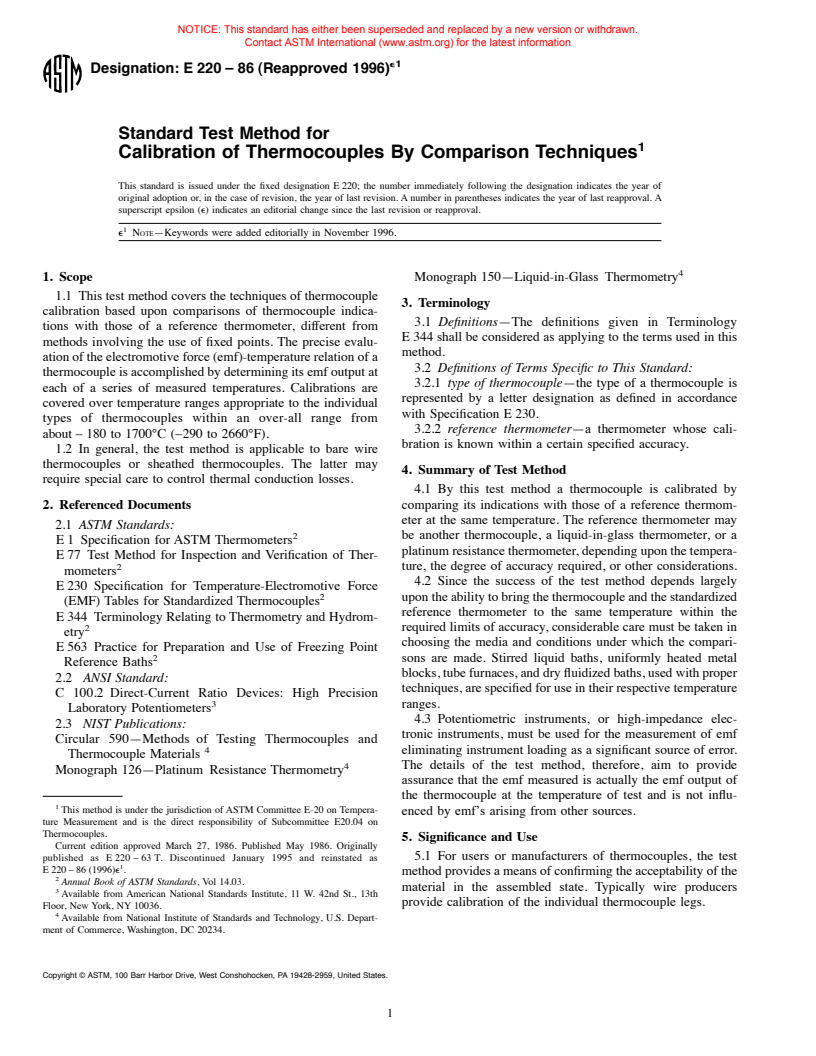 ASTM E220-86(1996)e1 - Standard Test Method for Calibration of Thermocouples By Comparison Techniques