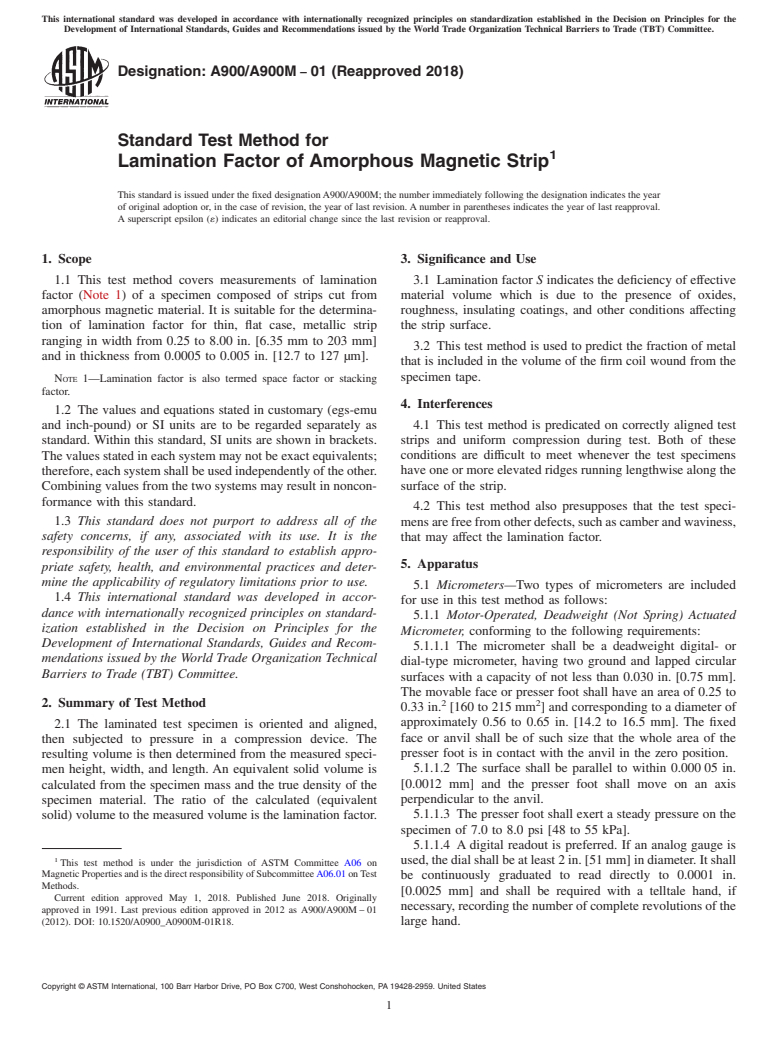 ASTM A900/A900M-01(2018) - Standard Test Method for Lamination Factor of Amorphous Magnetic Strip