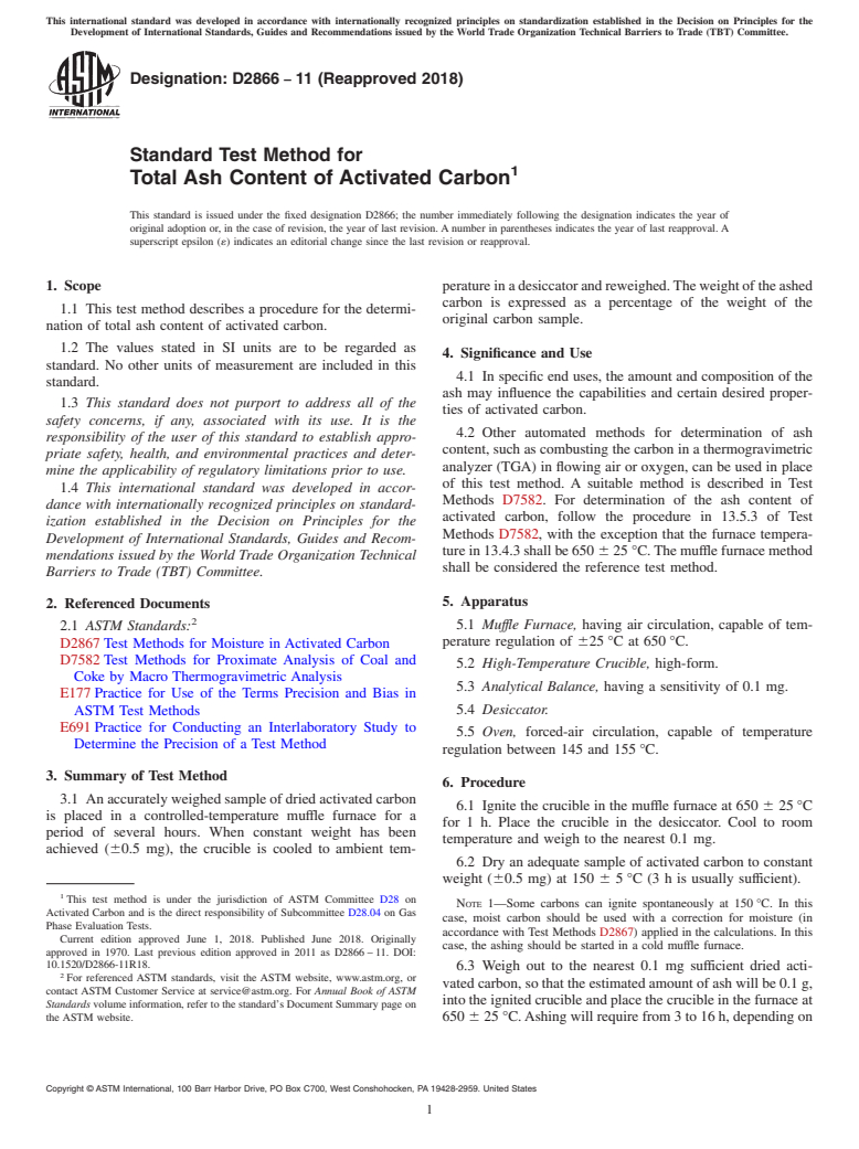 ASTM D2866-11(2018) - Standard Test Method for Total Ash Content of Activated Carbon