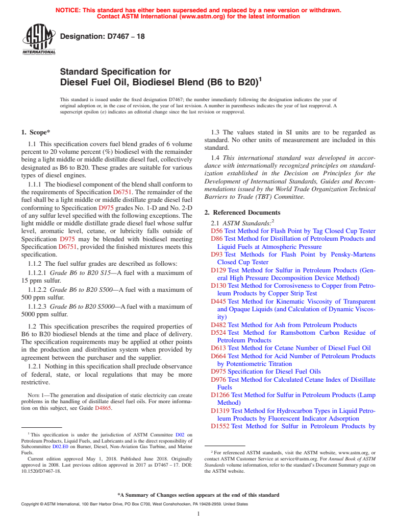 ASTM D7467-18 - Standard Specification for  Diesel Fuel Oil, Biodiesel Blend (B6 to B20)