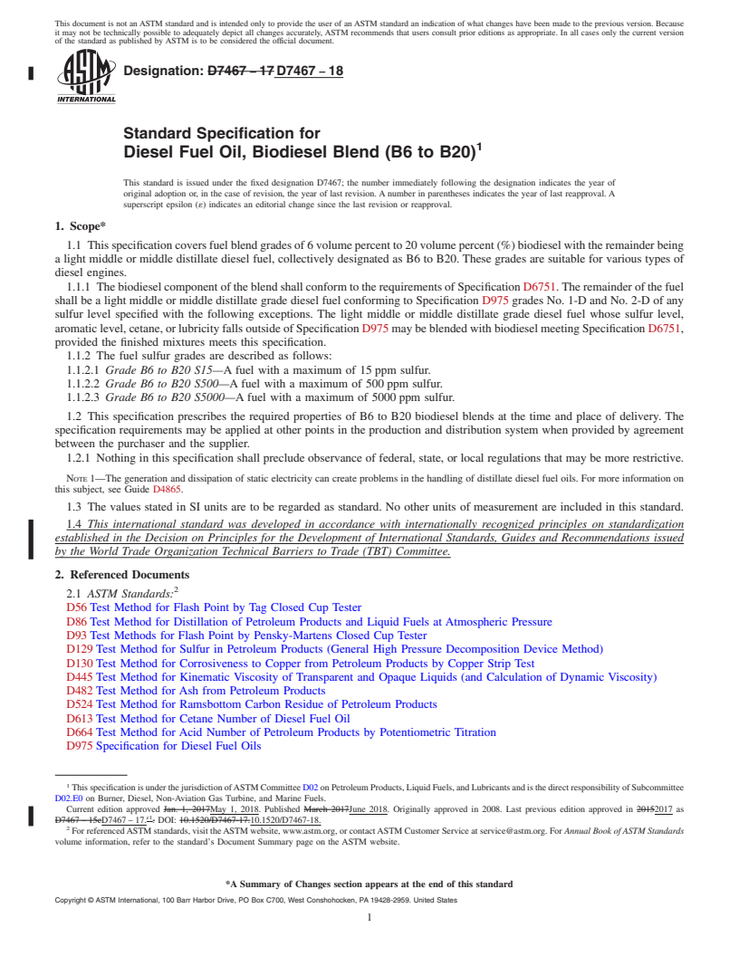 REDLINE ASTM D7467-18 - Standard Specification for  Diesel Fuel Oil, Biodiesel Blend (B6 to B20)