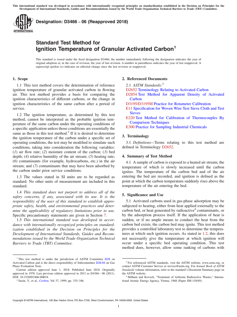 ASTM D3466-06(2018) - Standard Test Method for Ignition Temperature of Granular Activated Carbon