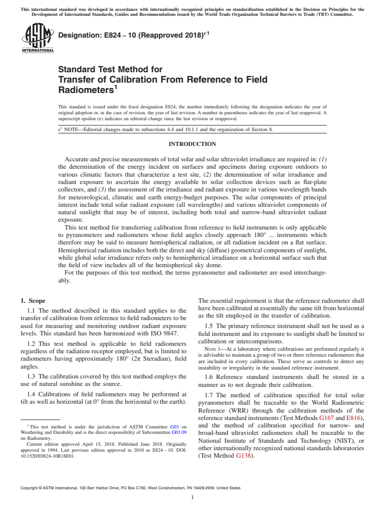 ASTM E824-10(2018)e1 - Standard Test Method for  Transfer of Calibration From Reference to Field Radiometers