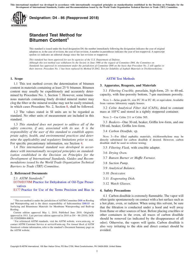 ASTM D4-86(2018) - Standard Test Method for  Bitumen Content