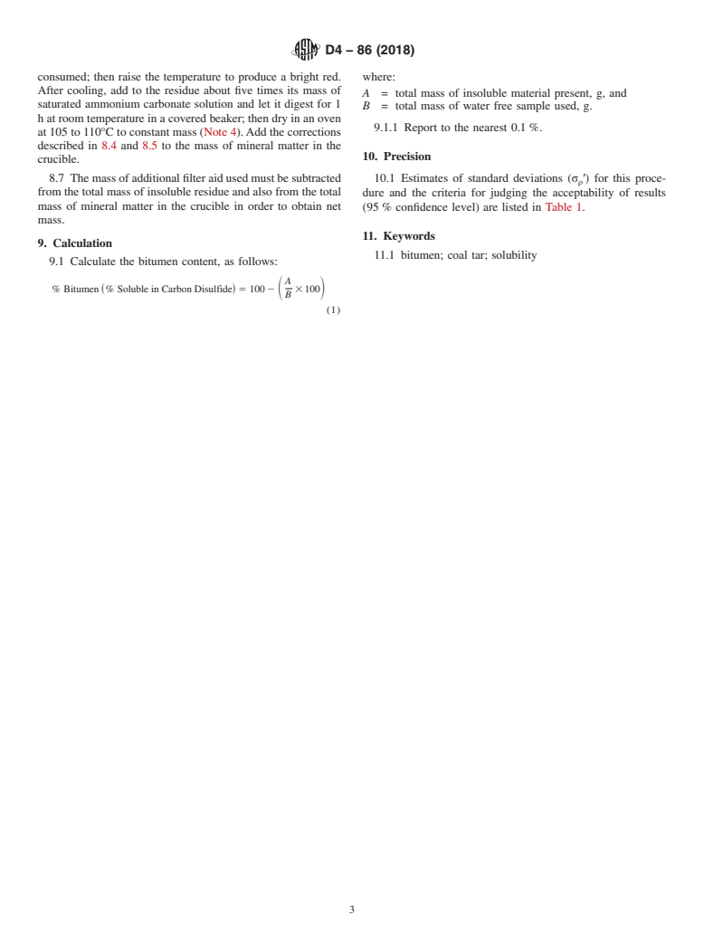 ASTM D4-86(2018) - Standard Test Method for  Bitumen Content