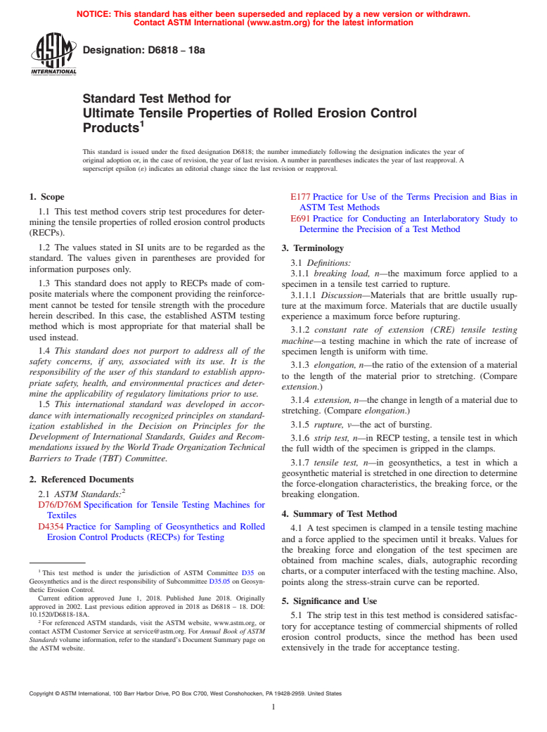 ASTM D6818-18a - Standard Test Method for Ultimate Tensile Properties of Rolled Erosion Control Products