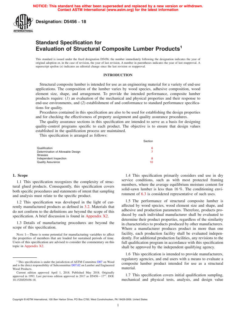 ASTM D5456-18 - Standard Specification for Evaluation of Structural Composite Lumber Products