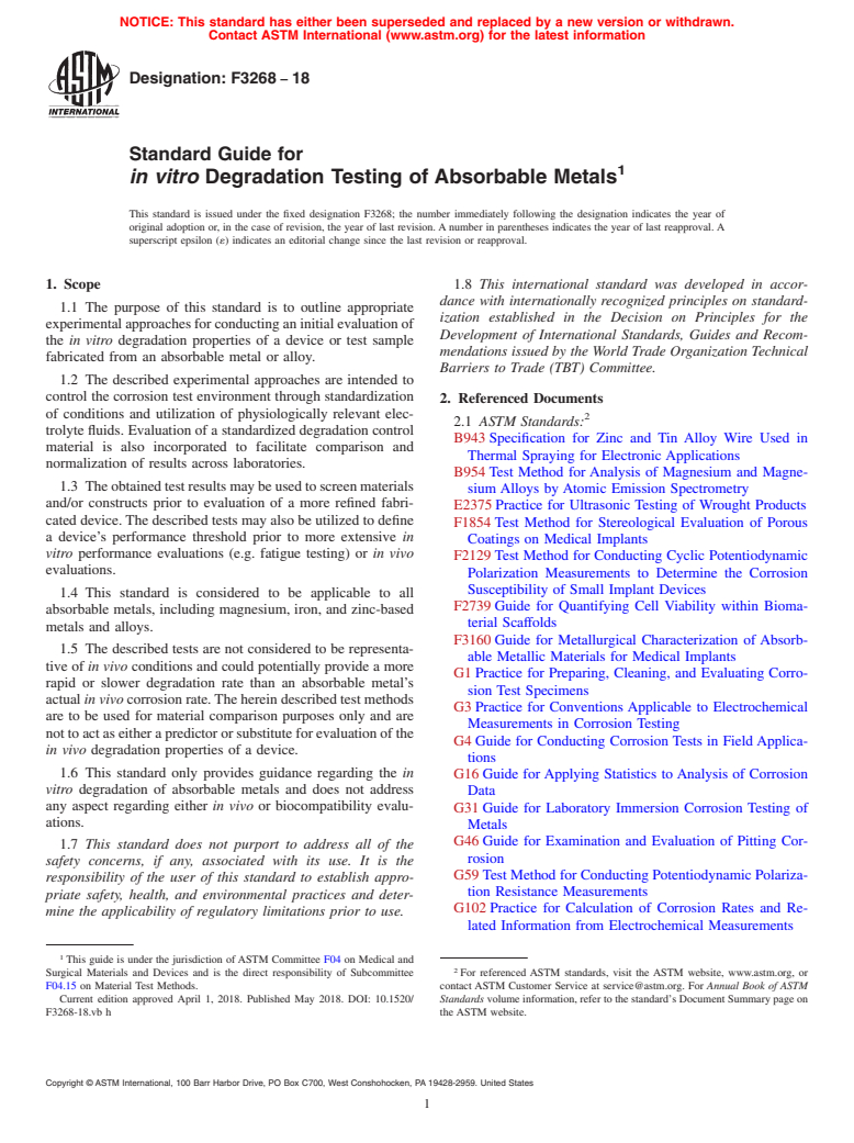 ASTM F3268-18 - Standard Guide for <emph type="bdit">in vitro</emph> Degradation Testing of Absorbable  Metals