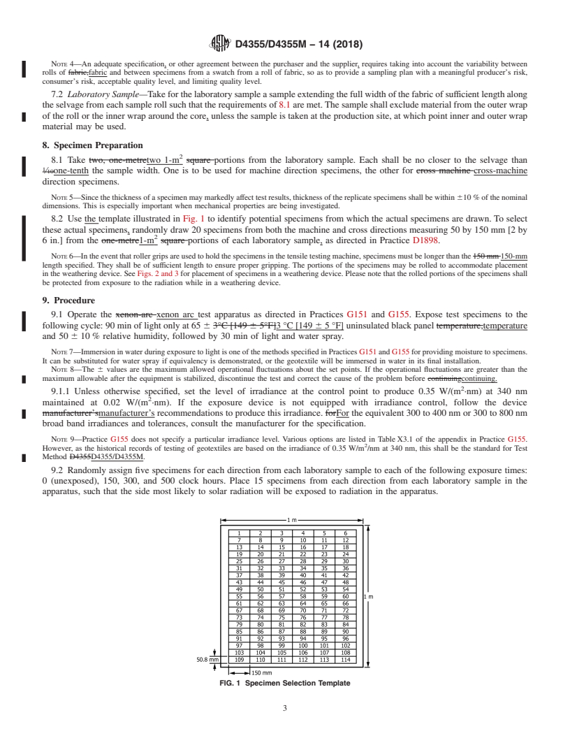 REDLINE ASTM D4355/D4355M-14(2018) - Standard Test Method for Deterioration of Geotextiles by Exposure to Light, Moisture  and Heat in a Xenon Arc-Type Apparatus