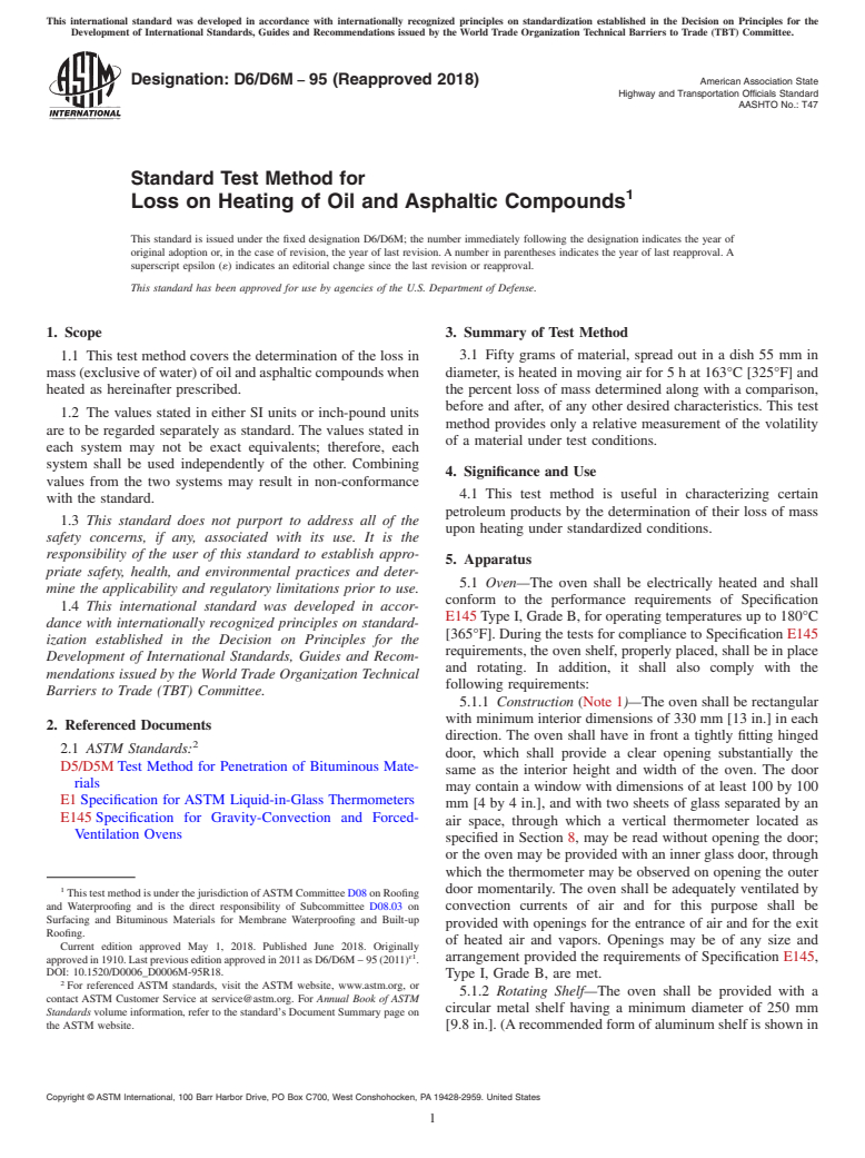 ASTM D6/D6M-95(2018) - Standard Test Method for  Loss on Heating of Oil and Asphaltic Compounds