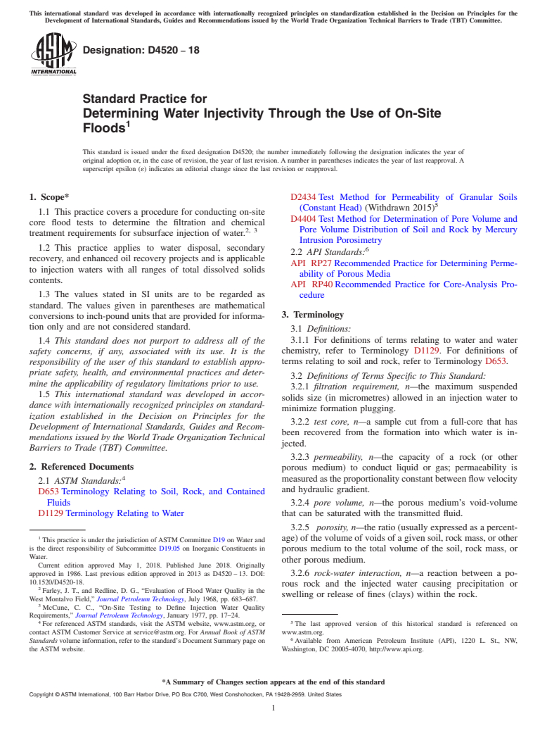 ASTM D4520-18 - Standard Practice for  Determining Water Injectivity Through the Use of On-Site Floods