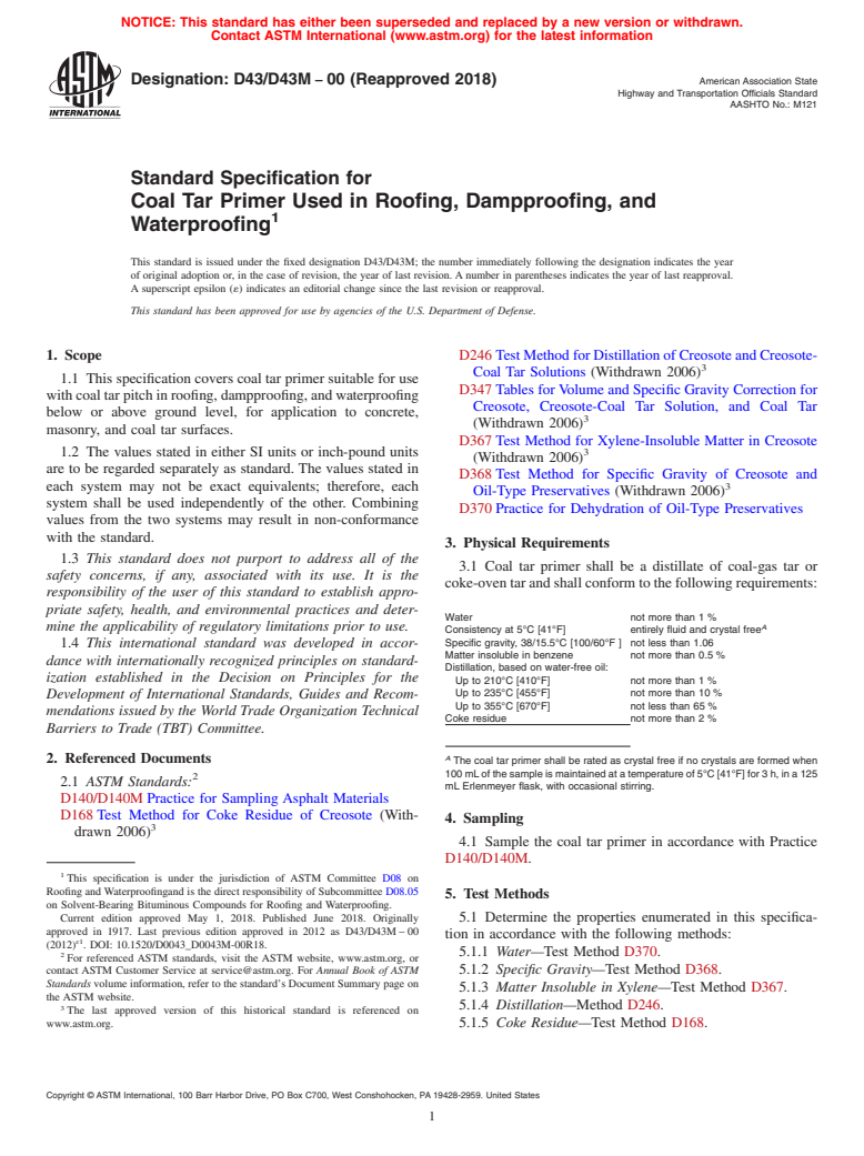 ASTM D43/D43M-00(2018) - Standard Specification for  Coal Tar Primer Used in Roofing, Dampproofing, and Waterproofing