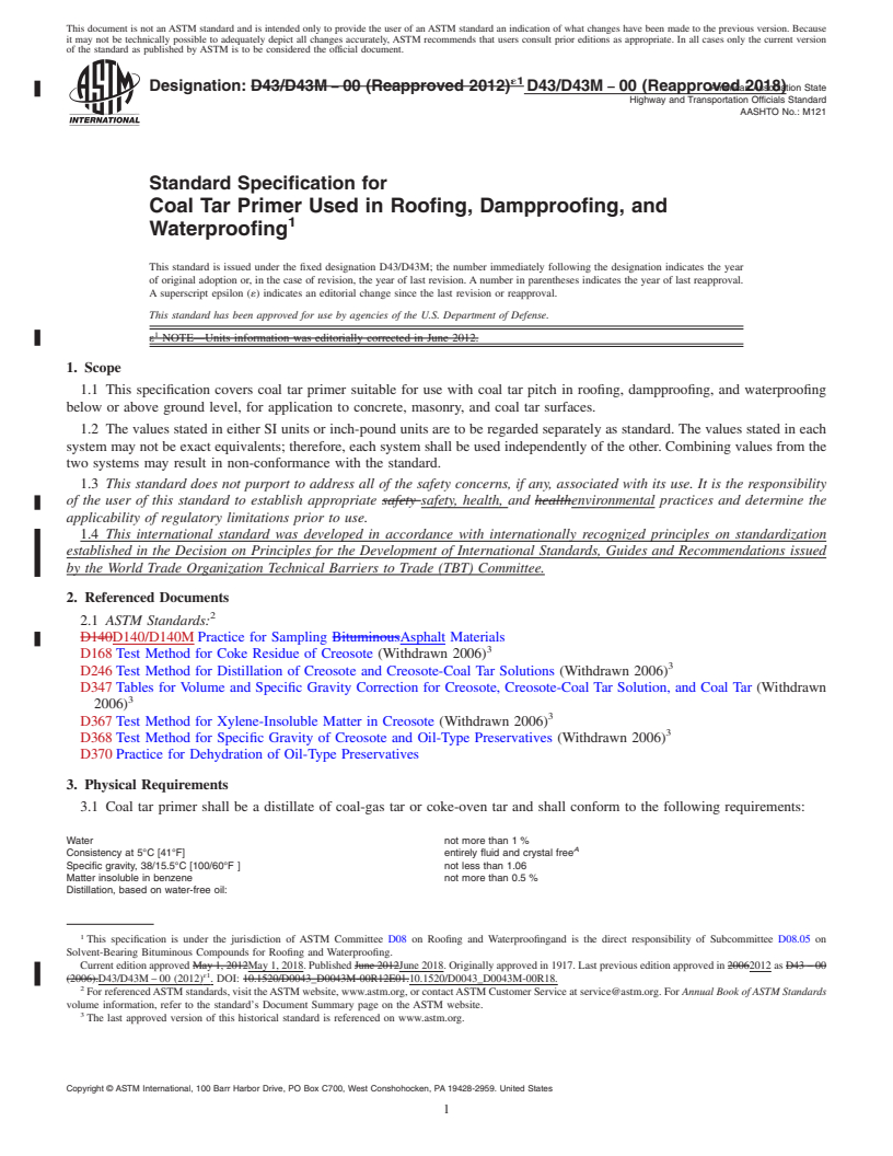 REDLINE ASTM D43/D43M-00(2018) - Standard Specification for  Coal Tar Primer Used in Roofing, Dampproofing, and Waterproofing