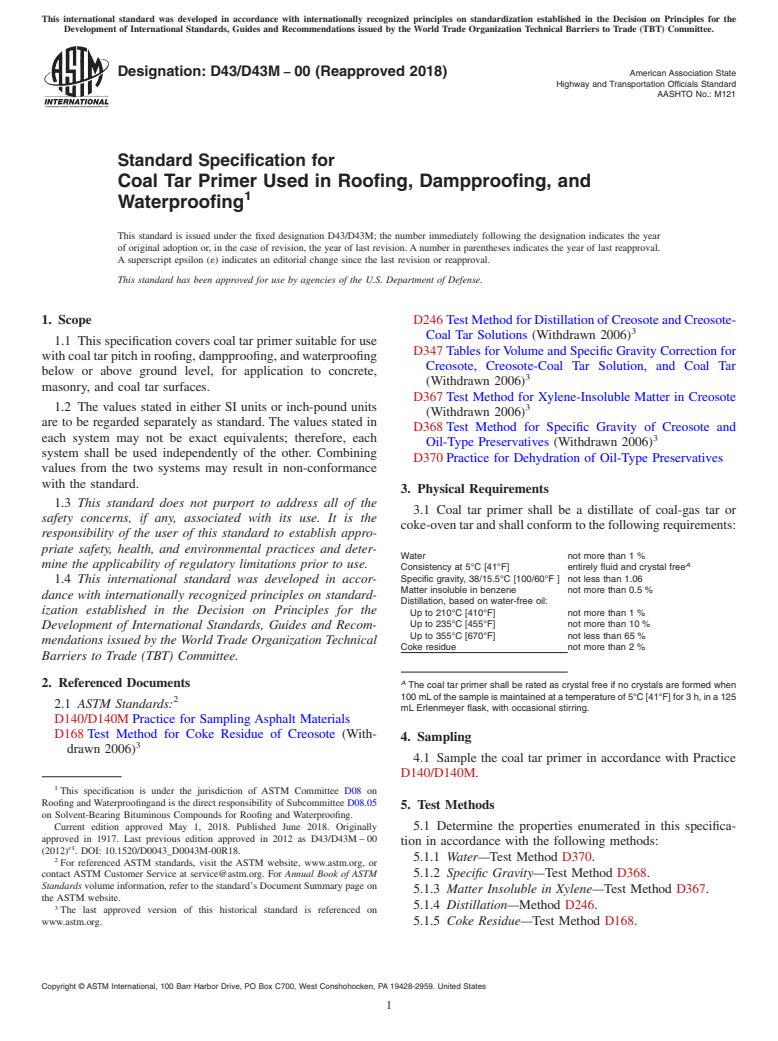 ASTM D43/D43M-00(2018) - Standard Specification for  Coal Tar Primer Used in Roofing, Dampproofing, and Waterproofing