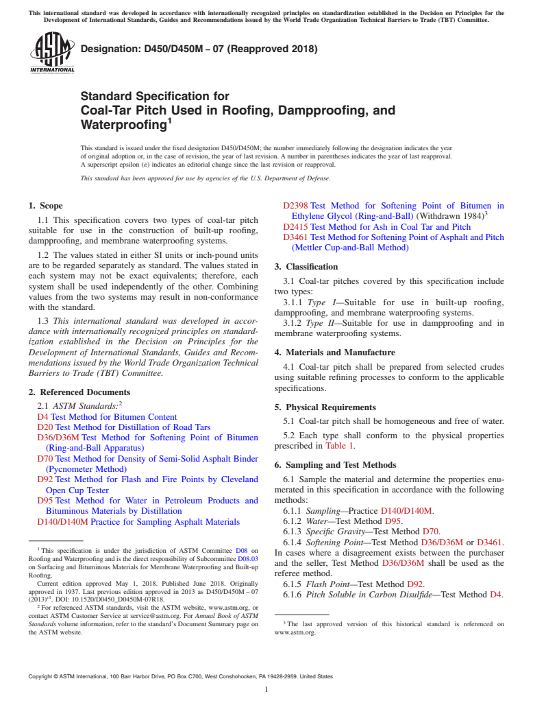 ASTM D450/D450M-07(2018) - Standard Specification for  Coal-Tar Pitch Used in Roofing, Dampproofing, and Waterproofing