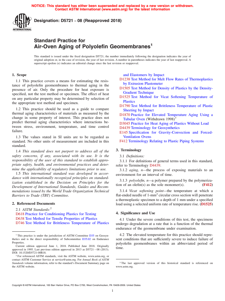 ASTM D5721-08(2018) - Standard Practice for  Air-Oven Aging of Polyolefin Geomembranes