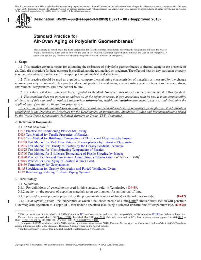 REDLINE ASTM D5721-08(2018) - Standard Practice for  Air-Oven Aging of Polyolefin Geomembranes