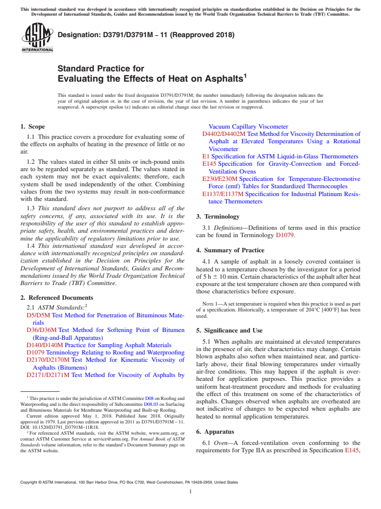 ASTM D3791/D3791M-11(2018) - Standard Practice for  Evaluating the Effects of Heat on Asphalts